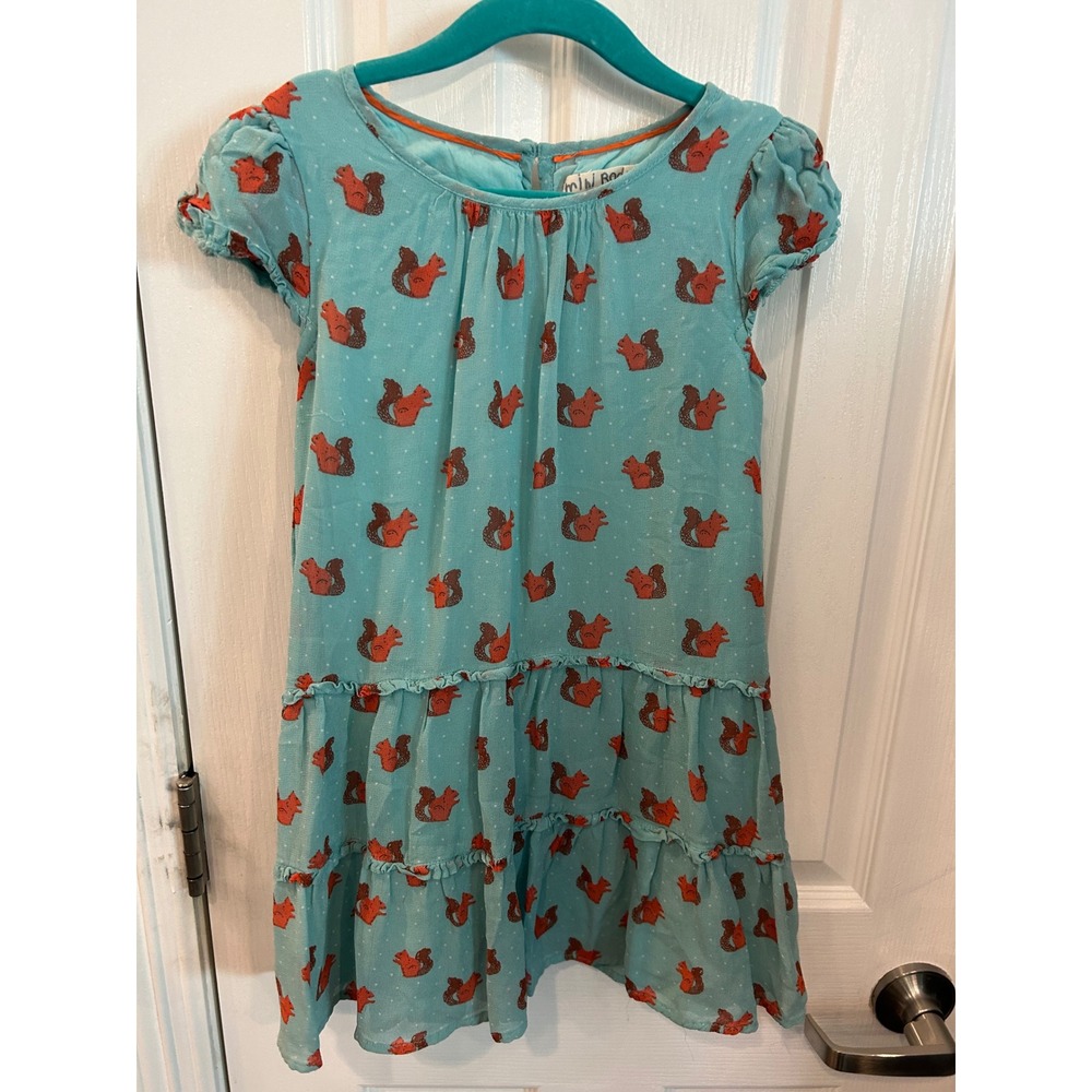 Mini Boden Tiered Dress Blue‎ Squirrel Print Short Sleeve Ruffle Woodland Girls